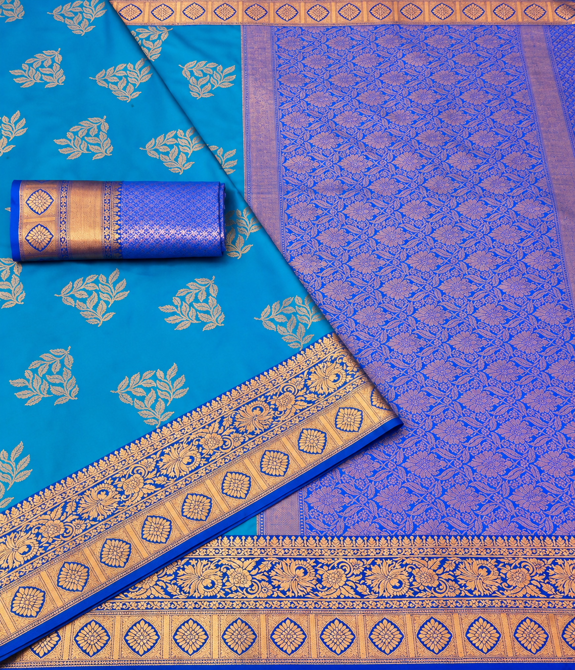 Teal Blue Lichi Banarasi Semi Silk Saree with Gold Zari