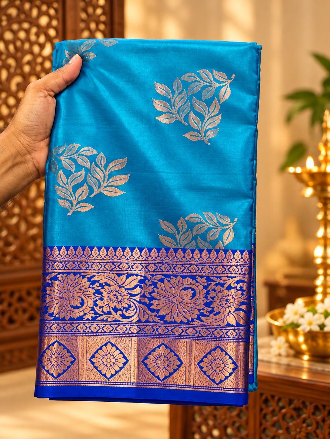 Teal Blue Lichi Banarasi Semi Silk Saree with Gold Zari