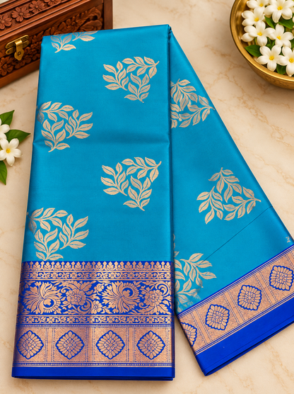 Teal Blue Lichi Banarasi Semi Silk Saree with Gold Zari
