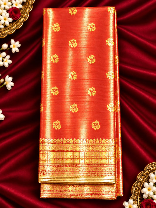 Coral Banarasi Semi Silk Saree with Rich Gold Zari Border