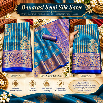 All-over gold-toned zari motifs with vertical dotted patterns and floral buttas