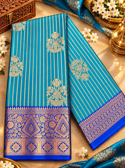 All-over gold-toned zari motifs with vertical dotted patterns and floral buttas