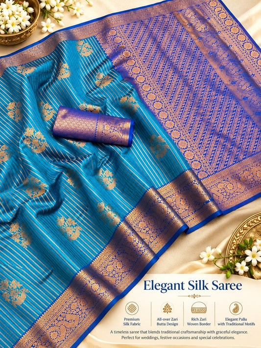 All-over gold-toned zari motifs with vertical dotted patterns and floral buttas