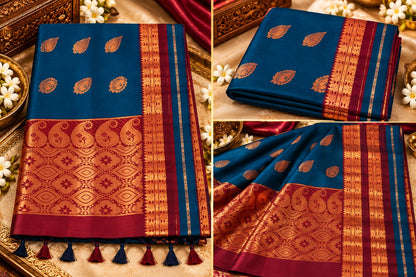 Beautifully spaced copper-gold leaf and paisley-inspired zari buttas