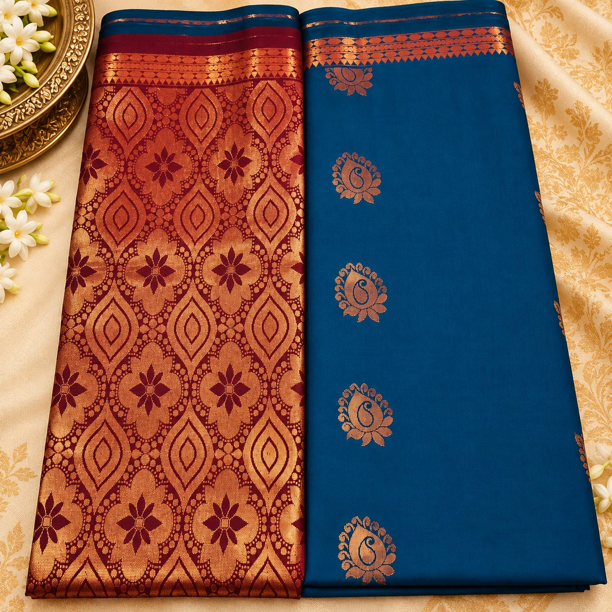 Beautifully spaced copper-gold leaf and paisley-inspired zari buttas