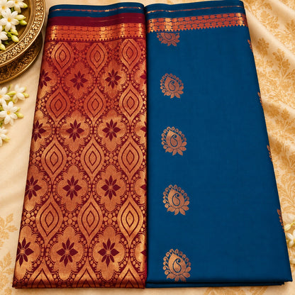 Beautifully spaced copper-gold leaf and paisley-inspired zari buttas