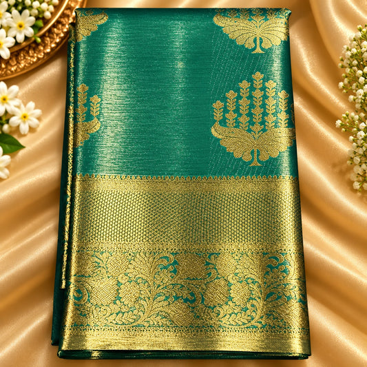 Traditional gold zari motifs beautifully woven across the saree body